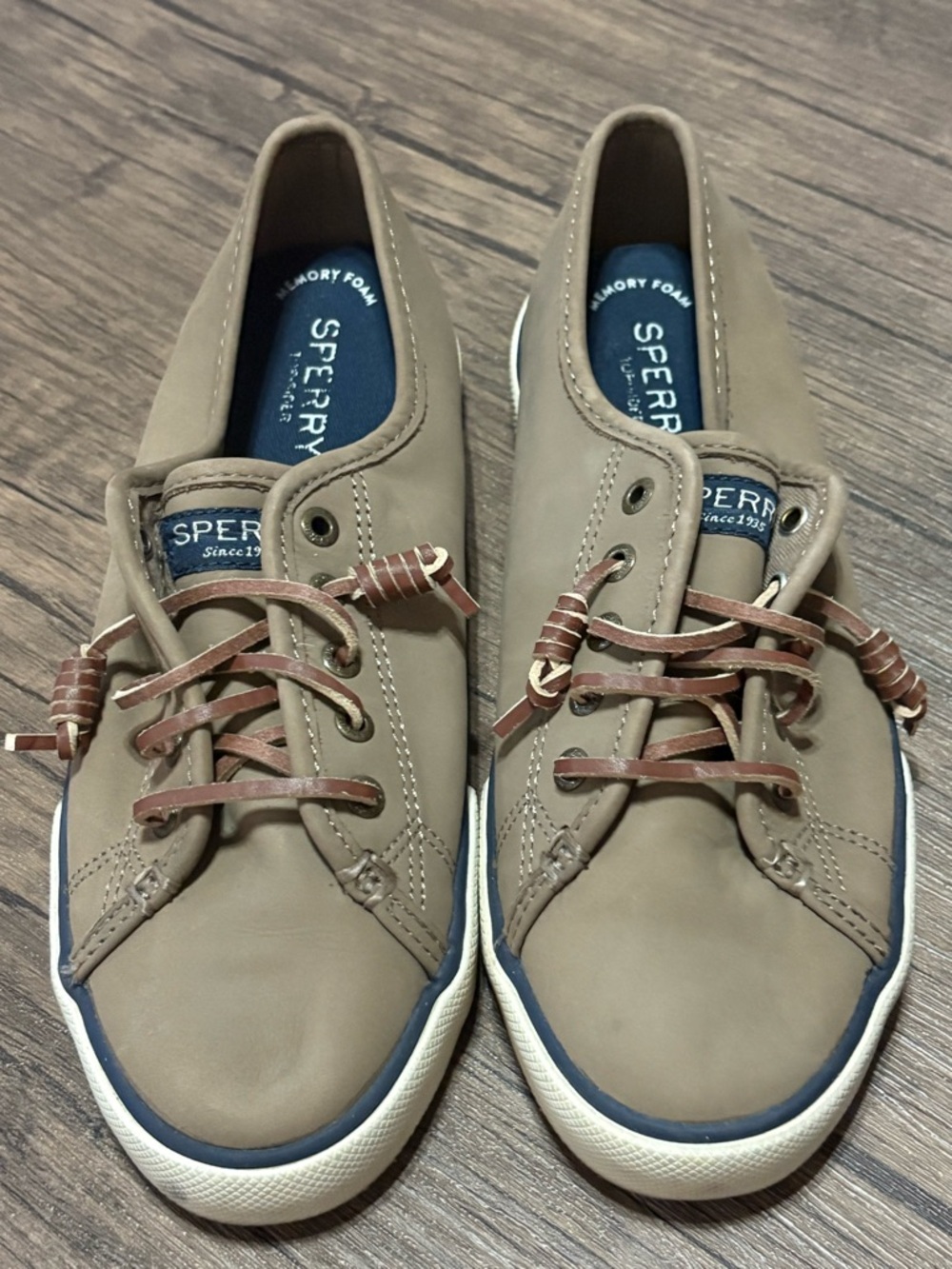 Sperry Taupe Boat Shoes with Brown Laces and Navy Trim